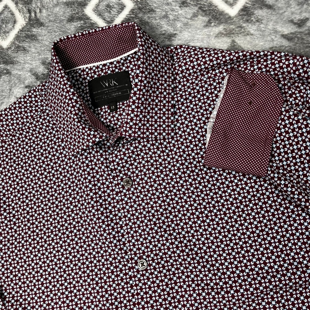 WRK Mens Burgundy Geometric 4-Way Stretch Button Down Dress Shirt Size 15